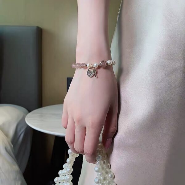 Pink Crystal Pearl Heart Pendant Bracelet - Image 3
